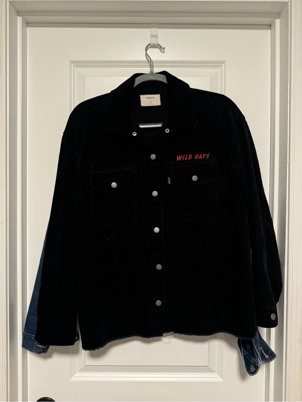 Black Corduroy Button-Up Jacket with 'Wild Days' Embroidery